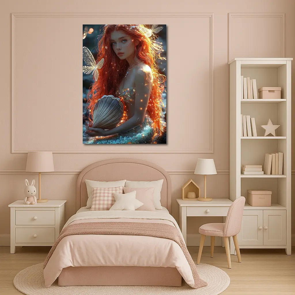 Red Hair Mermaid Glowing Ocean Fantasy Art – Wall Art