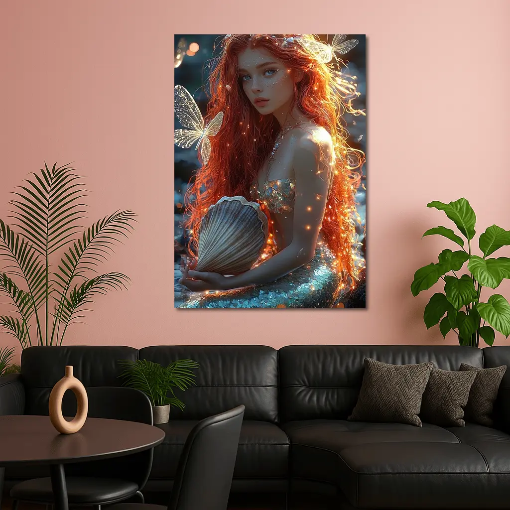 Red Hair Mermaid Glowing Ocean Fantasy Art – Wall Art