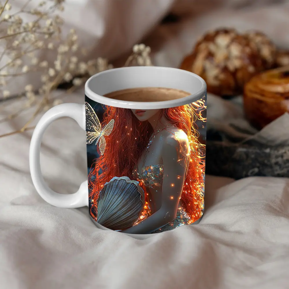Red Hair Mermaid Glowing Ocean Fantasy Art – Mugs