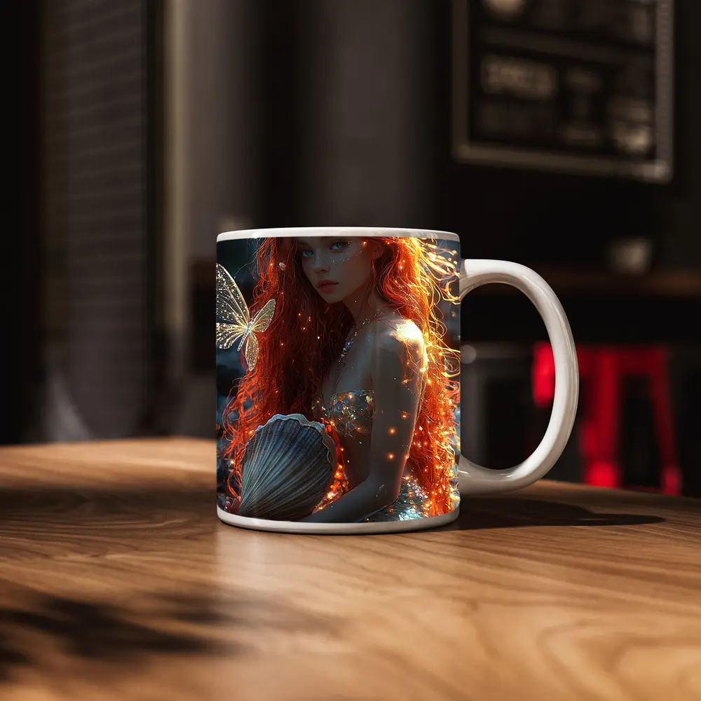 Red Hair Mermaid Glowing Ocean Fantasy Art – Mugs