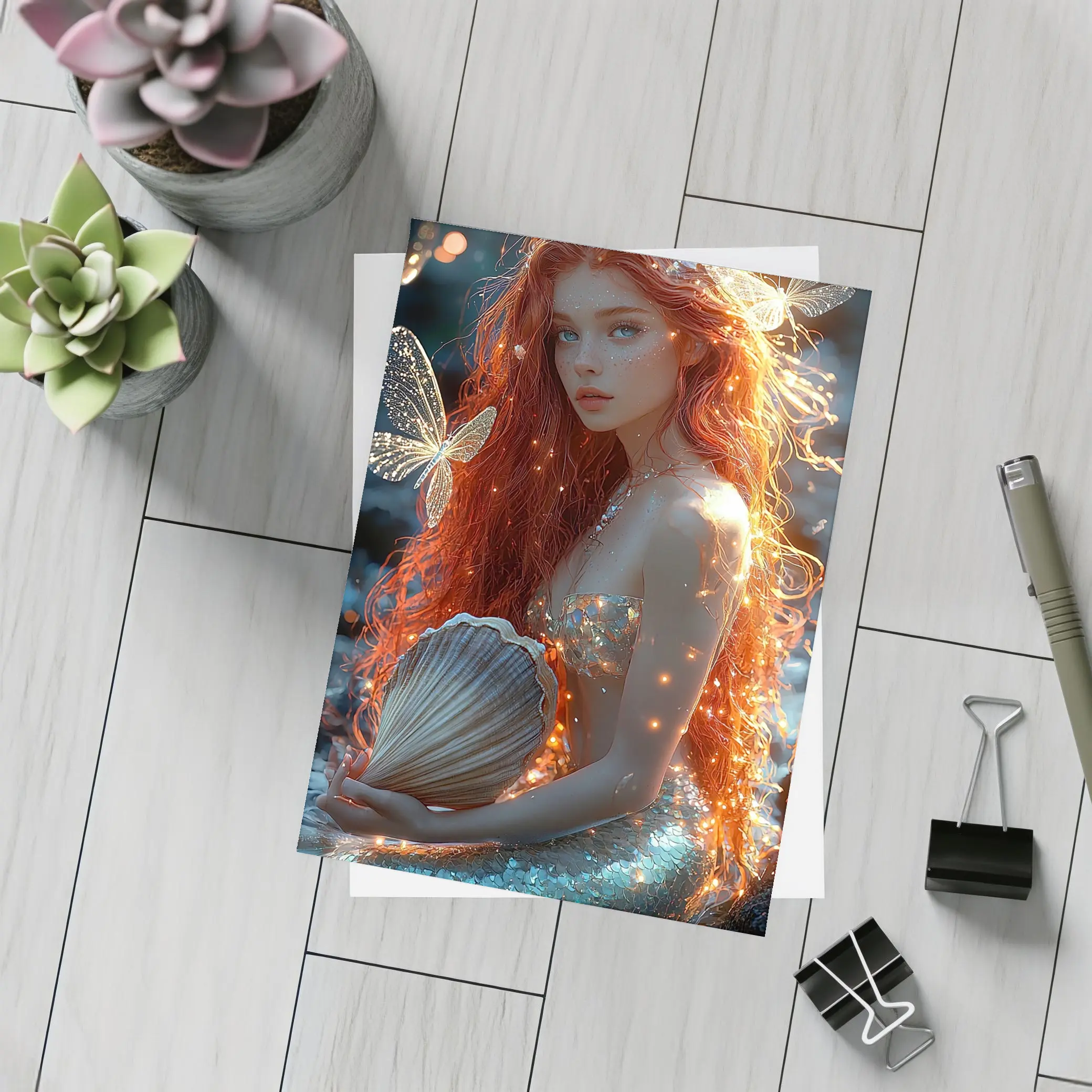 Red Hair Mermaid Glowing Ocean Fantasy Art – Postcards