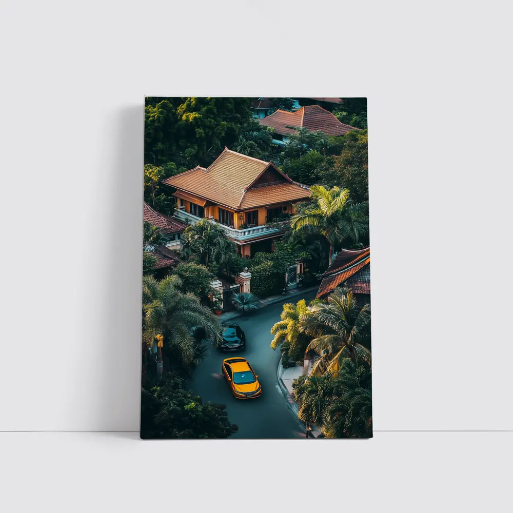 Yellow Lamborghini Huracan Tropical Villa Aerial – Wall Art