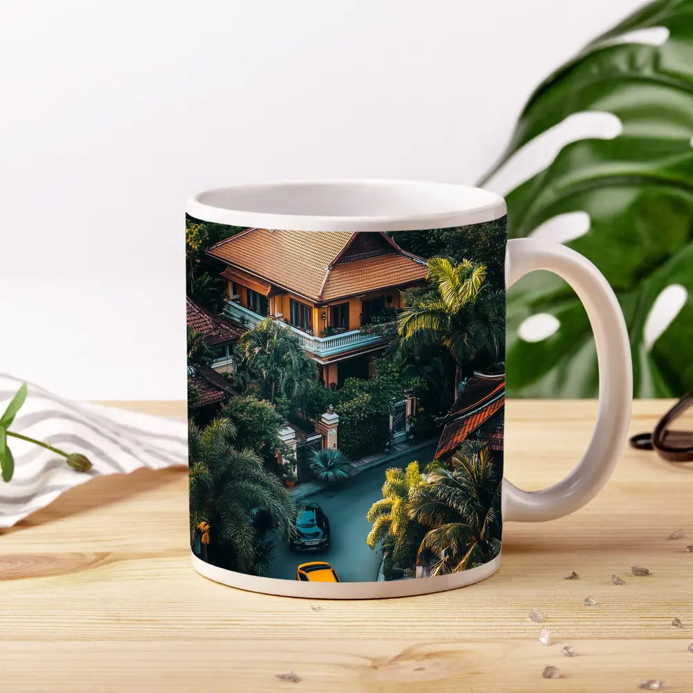 Yellow Lamborghini Huracan Tropical Villa Aerial – Mugs