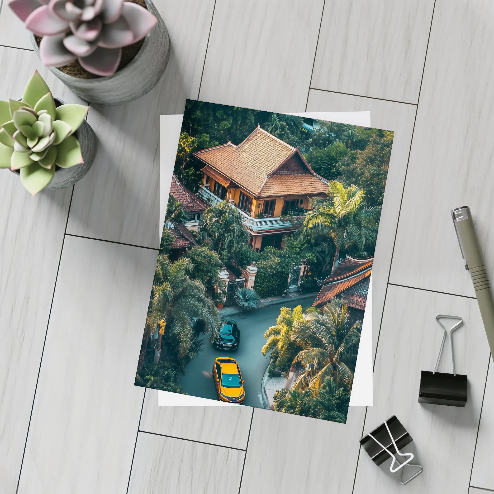 Yellow Lamborghini Huracan Tropical Villa Aerial – Postcards