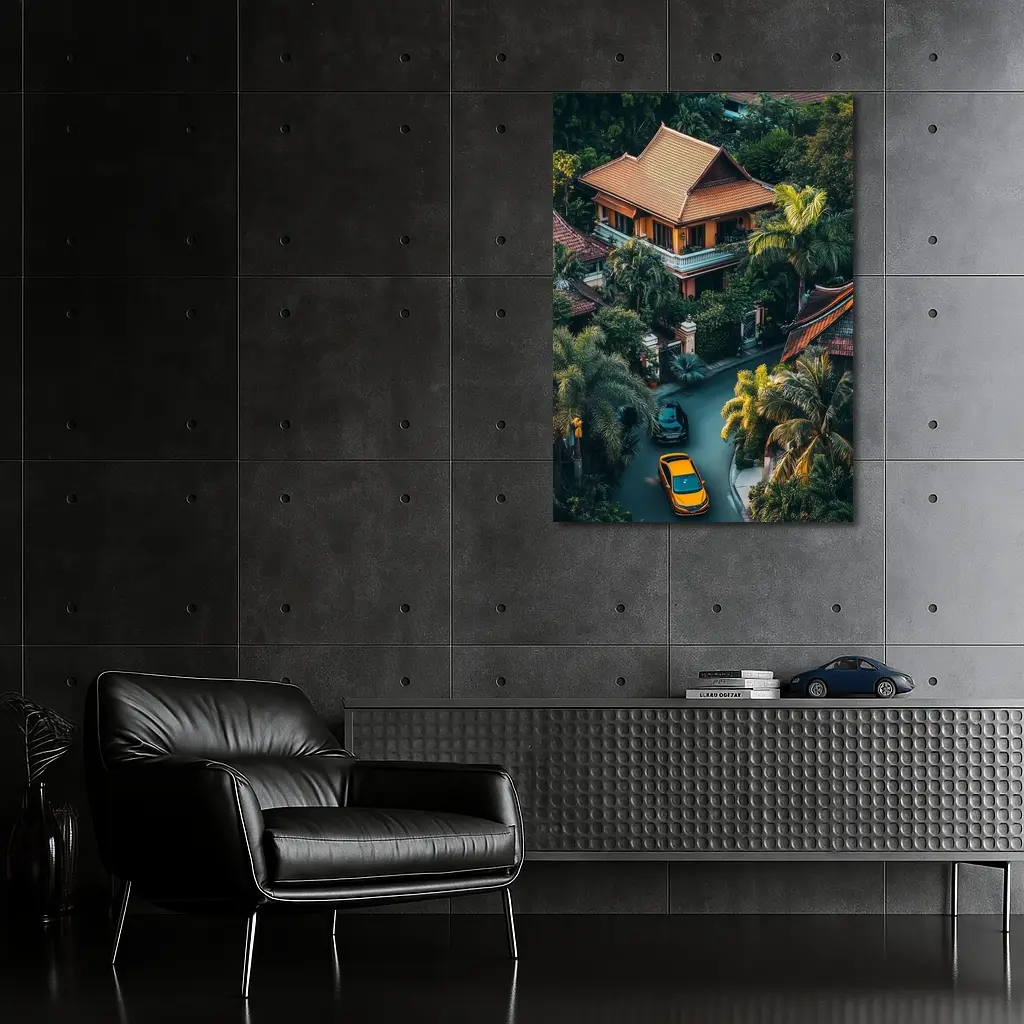 Yellow Lamborghini Huracan Tropical Villa Aerial – Wall Art