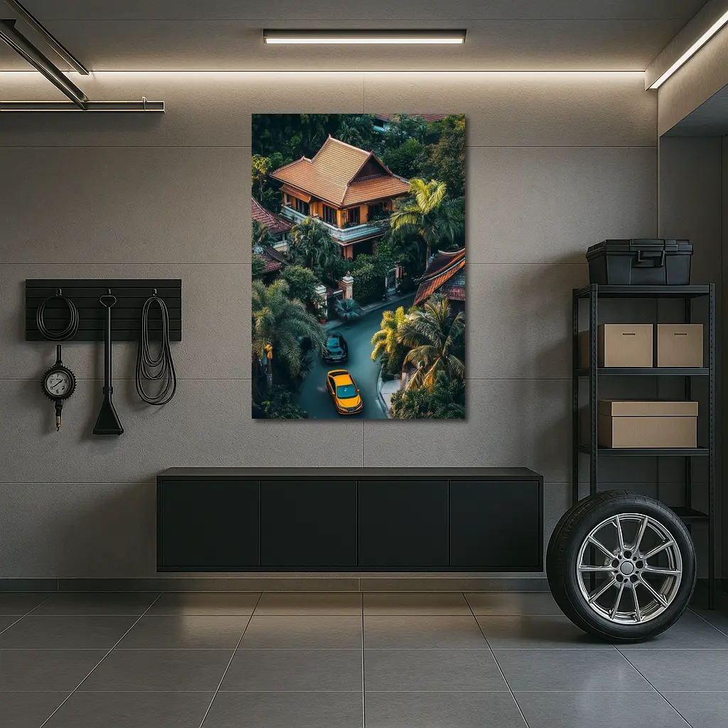 Yellow Lamborghini Huracan Tropical Villa Aerial – Wall Art