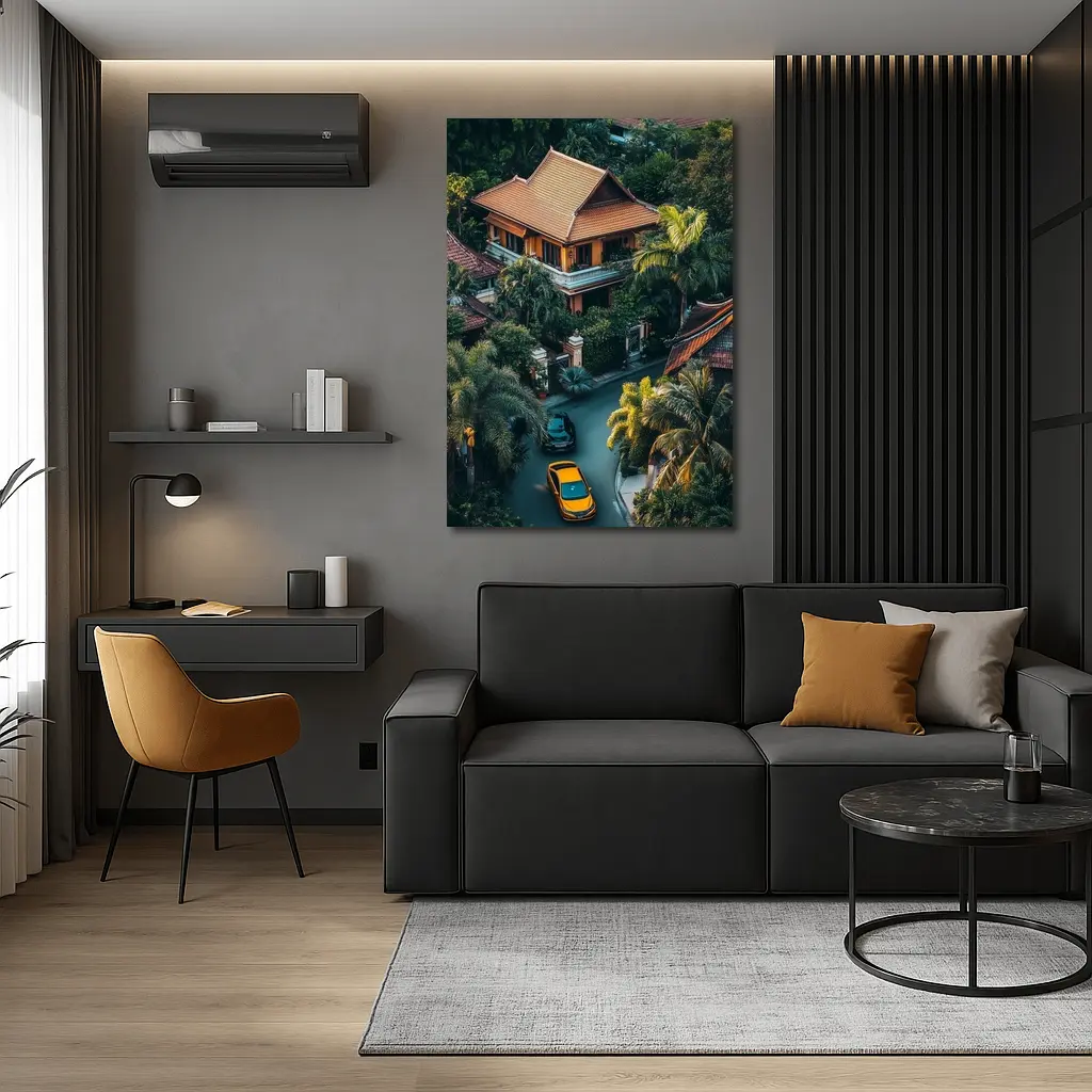 Yellow Lamborghini Huracan Tropical Villa Aerial – Wall Art