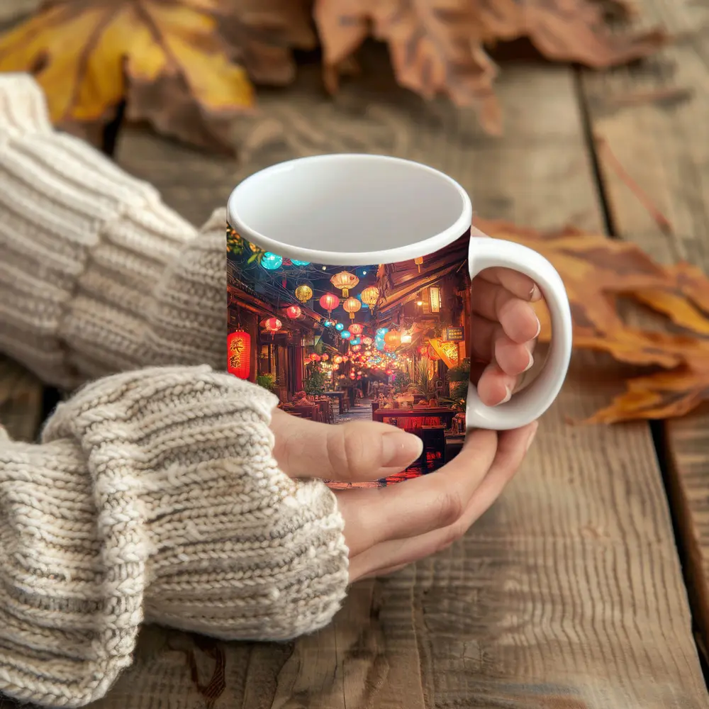 Chinese Lanterns Glowing Over Ancient Street – Mugs