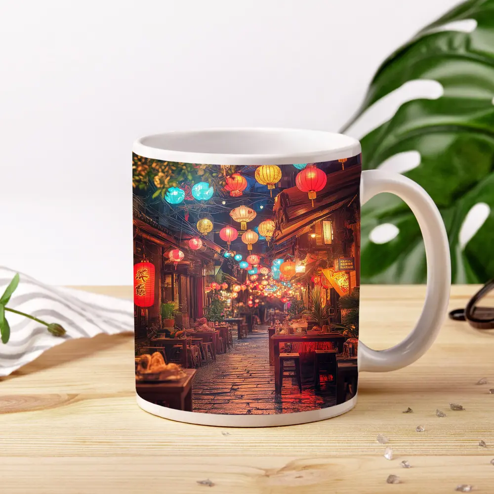 Chinese Lanterns Glowing Over Ancient Street – Mugs