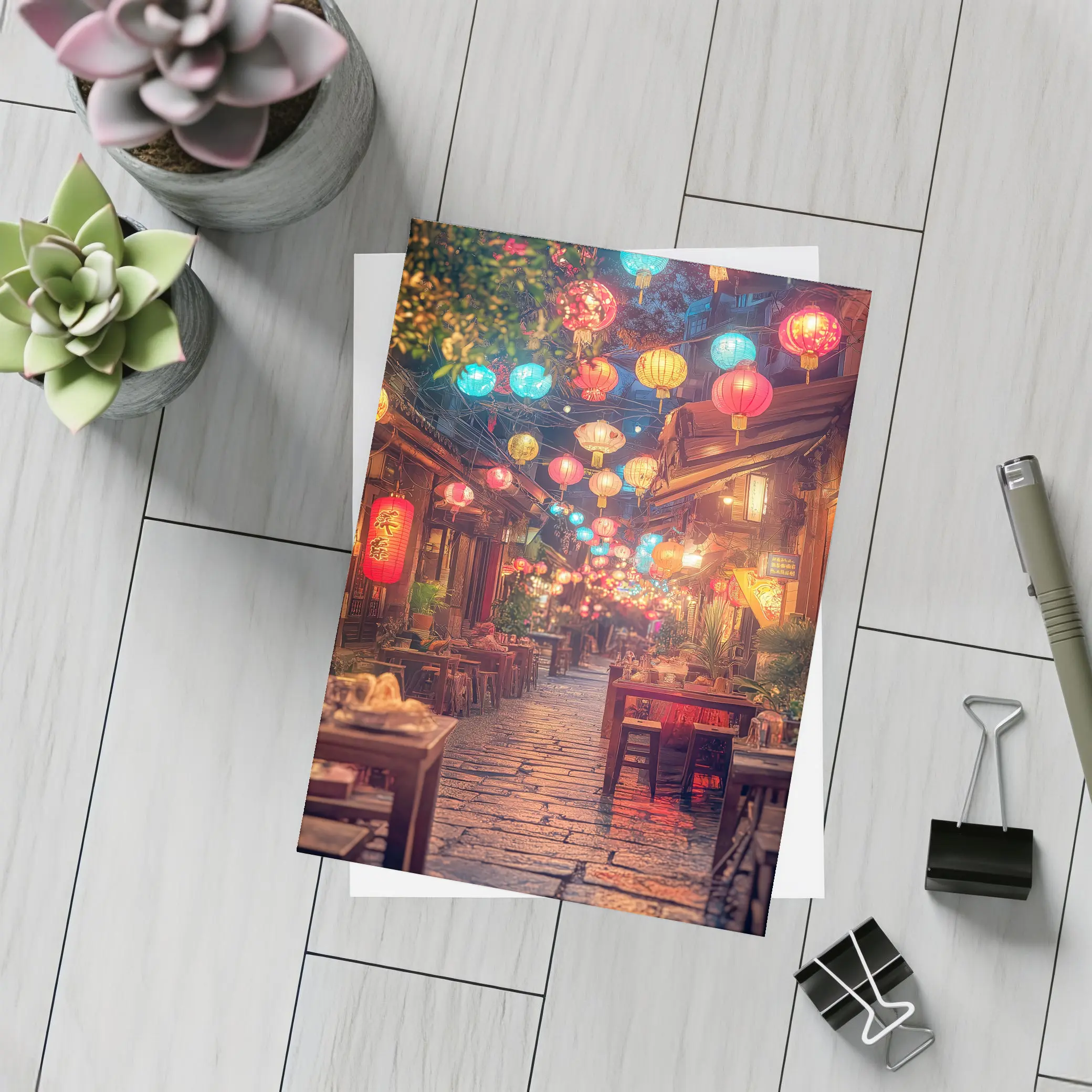 Chinese Lanterns Glowing Over Ancient Street – Postcards