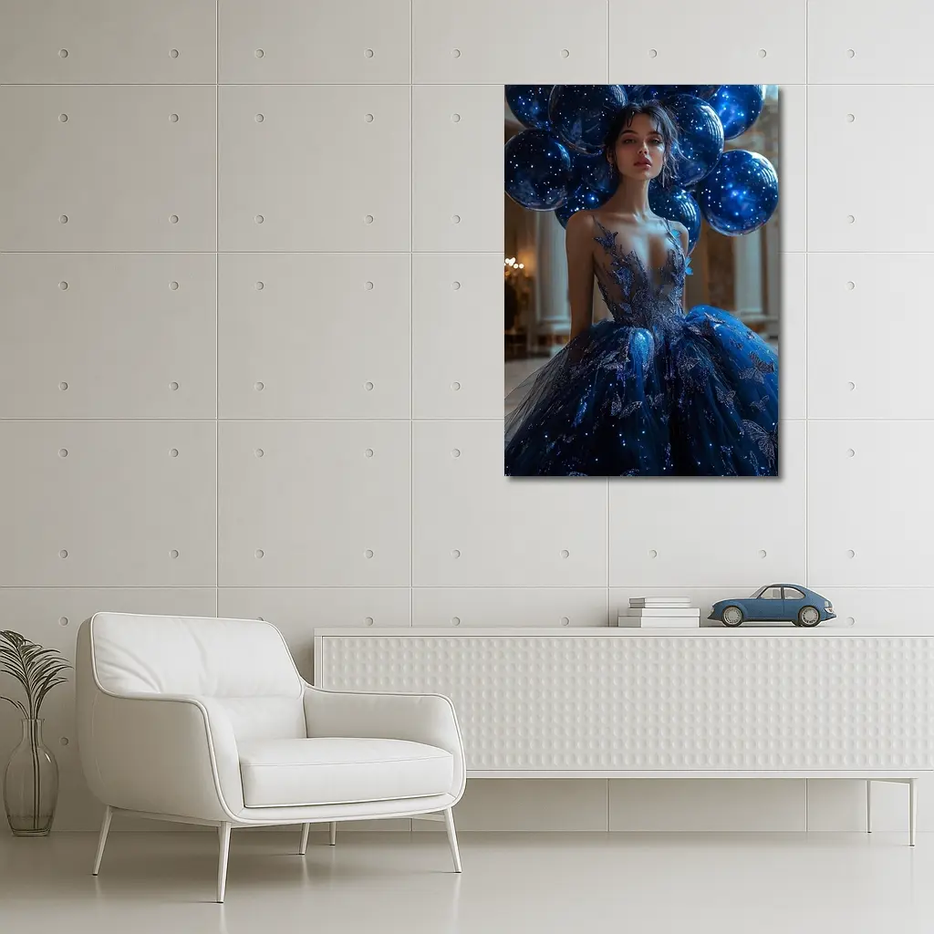 Woman Blue Butterfly Gown Starry Balloons – Wall Art