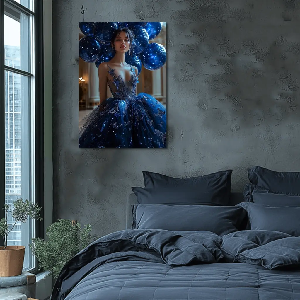 Woman Blue Butterfly Gown Starry Balloons – Wall Art
