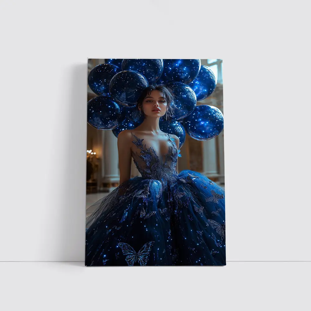 Woman Blue Butterfly Gown Starry Balloons – Wall Art