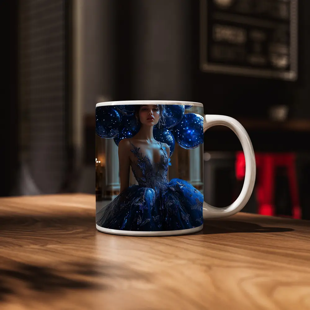 Woman Blue Butterfly Gown Starry Balloons – Mugs