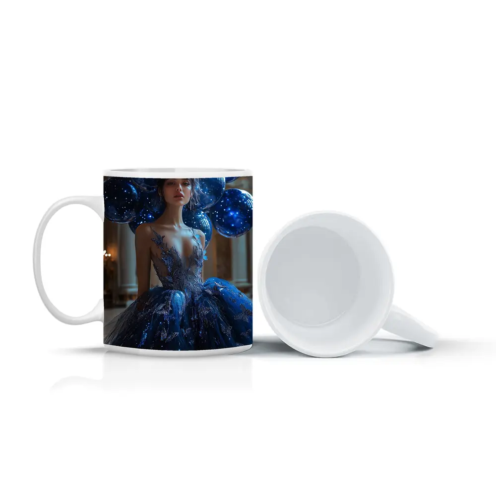 Woman Blue Butterfly Gown Starry Balloons – Mugs