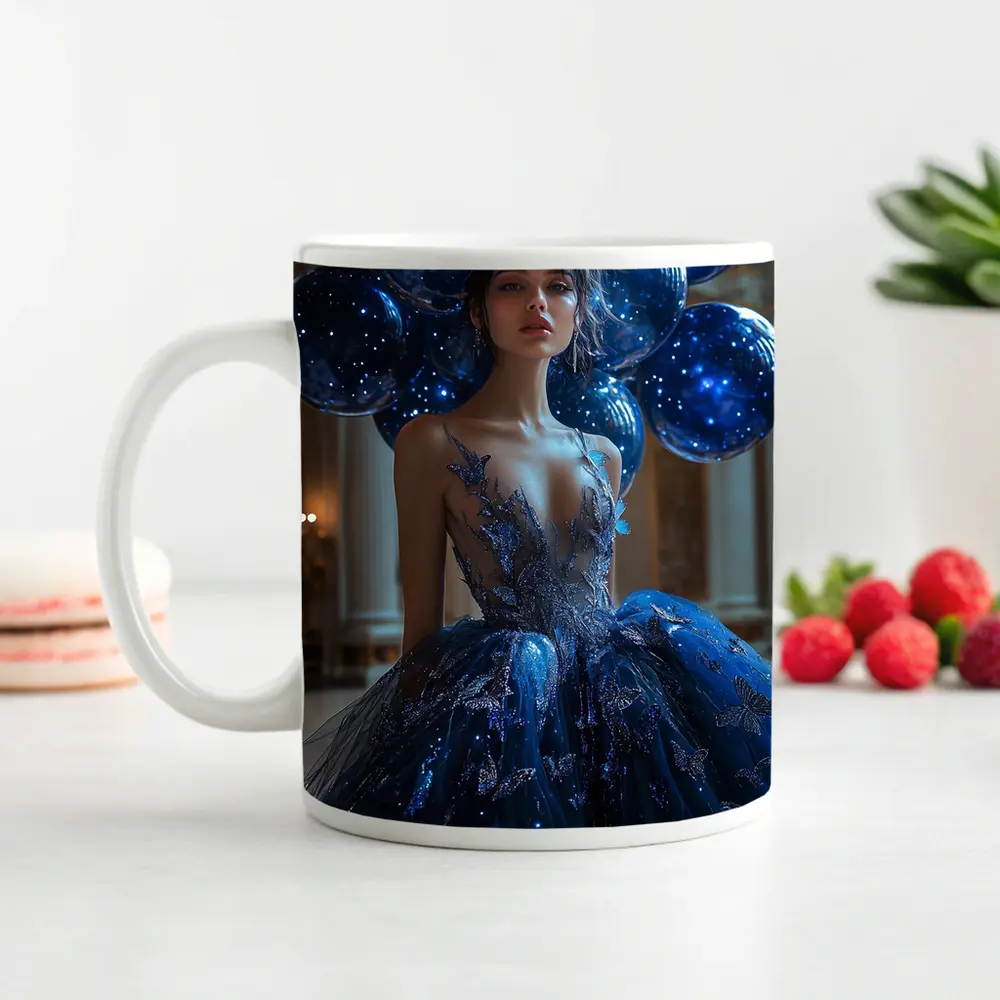 Woman Blue Butterfly Gown Starry Balloons – Mugs