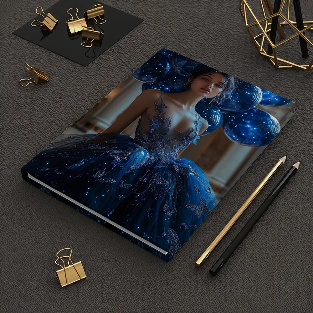 Woman Blue Butterfly Gown Starry Balloons – Notebooks
