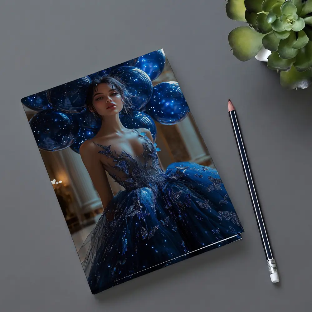 Woman Blue Butterfly Gown Starry Balloons – Notebooks