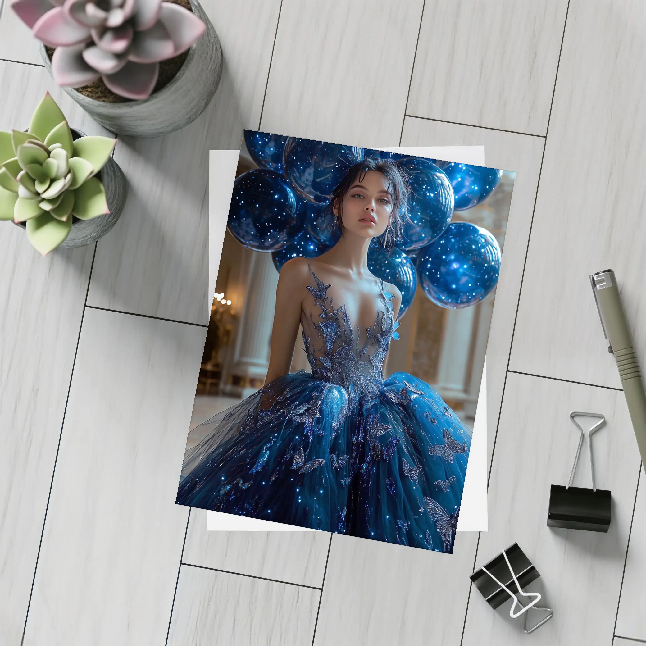 Woman Blue Butterfly Gown Starry Balloons – Postcards