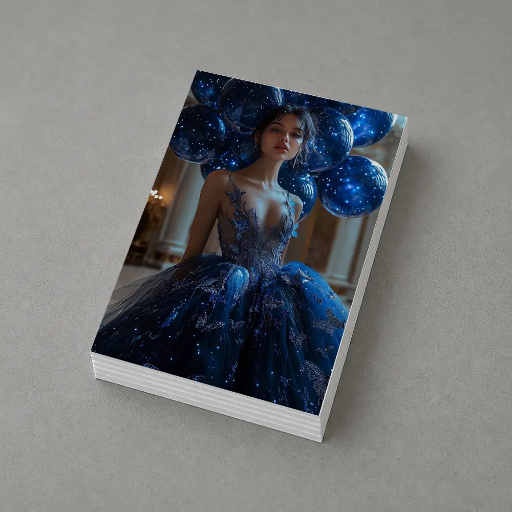 Woman Blue Butterfly Gown Starry Balloons – Postcards