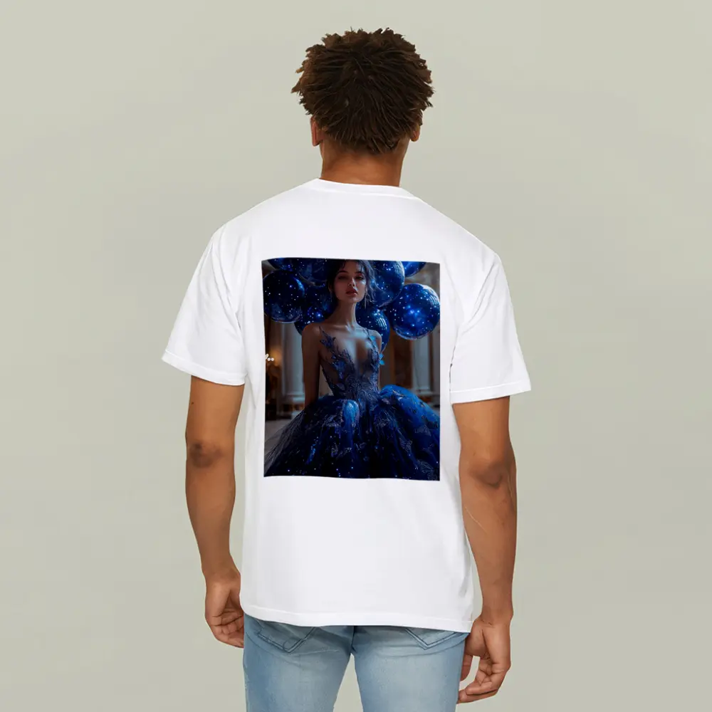 Woman Blue Butterfly Gown Starry Balloons – T-Shirts