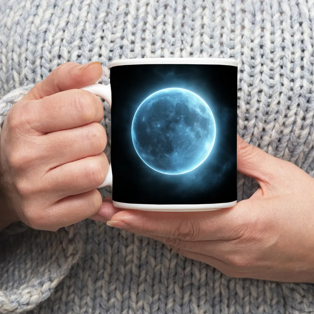 Blue Moon Glowing Against Dark Night Sky – Mugs