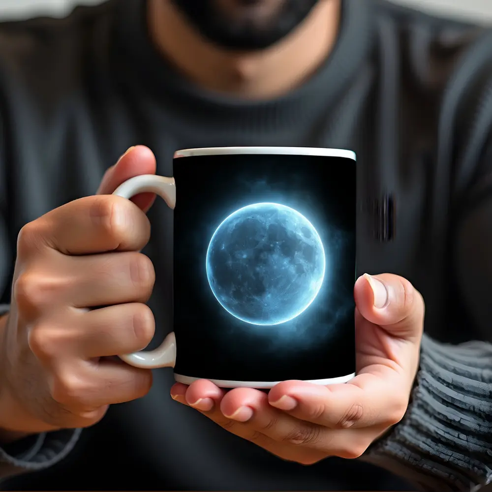 Blue Moon Glowing Against Dark Night Sky – Mugs