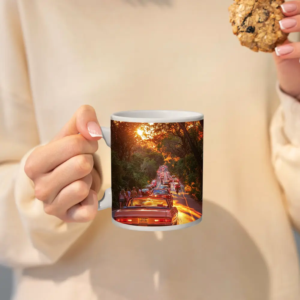 Retro Convertible Car Sunset Tree Road – Mugs
