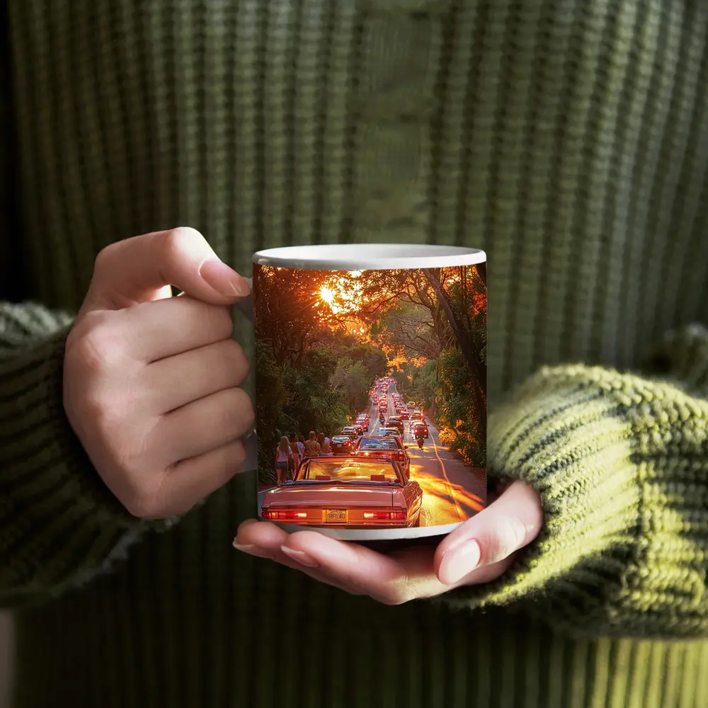 Retro Convertible Car Sunset Tree Road – Mugs