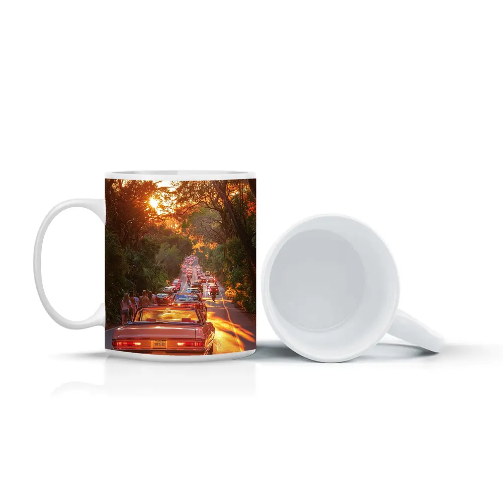 Retro Convertible Car Sunset Tree Road – Mugs