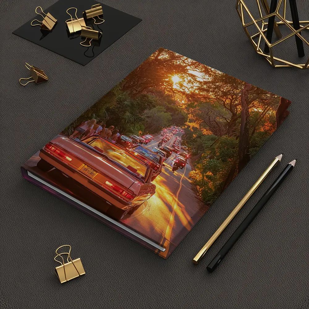 Retro Convertible Car Sunset Tree Road – Notebooks