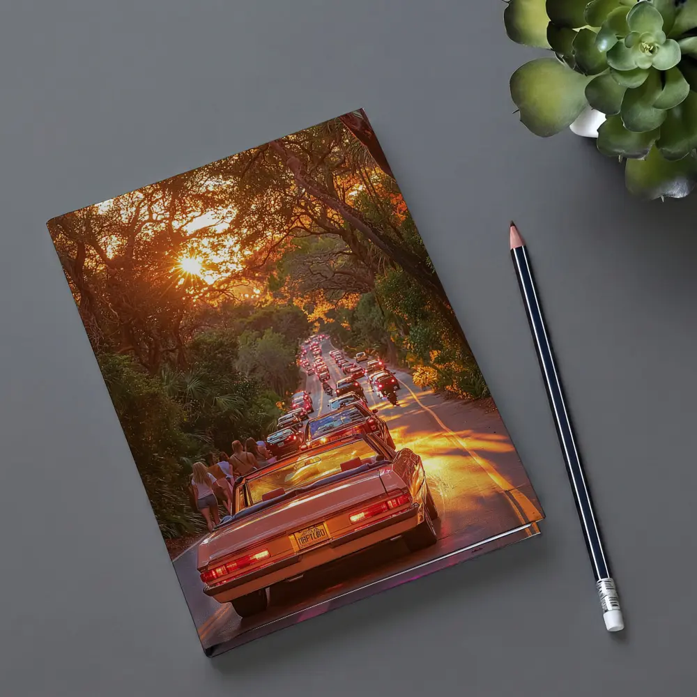Retro Convertible Car Sunset Tree Road – Notebooks