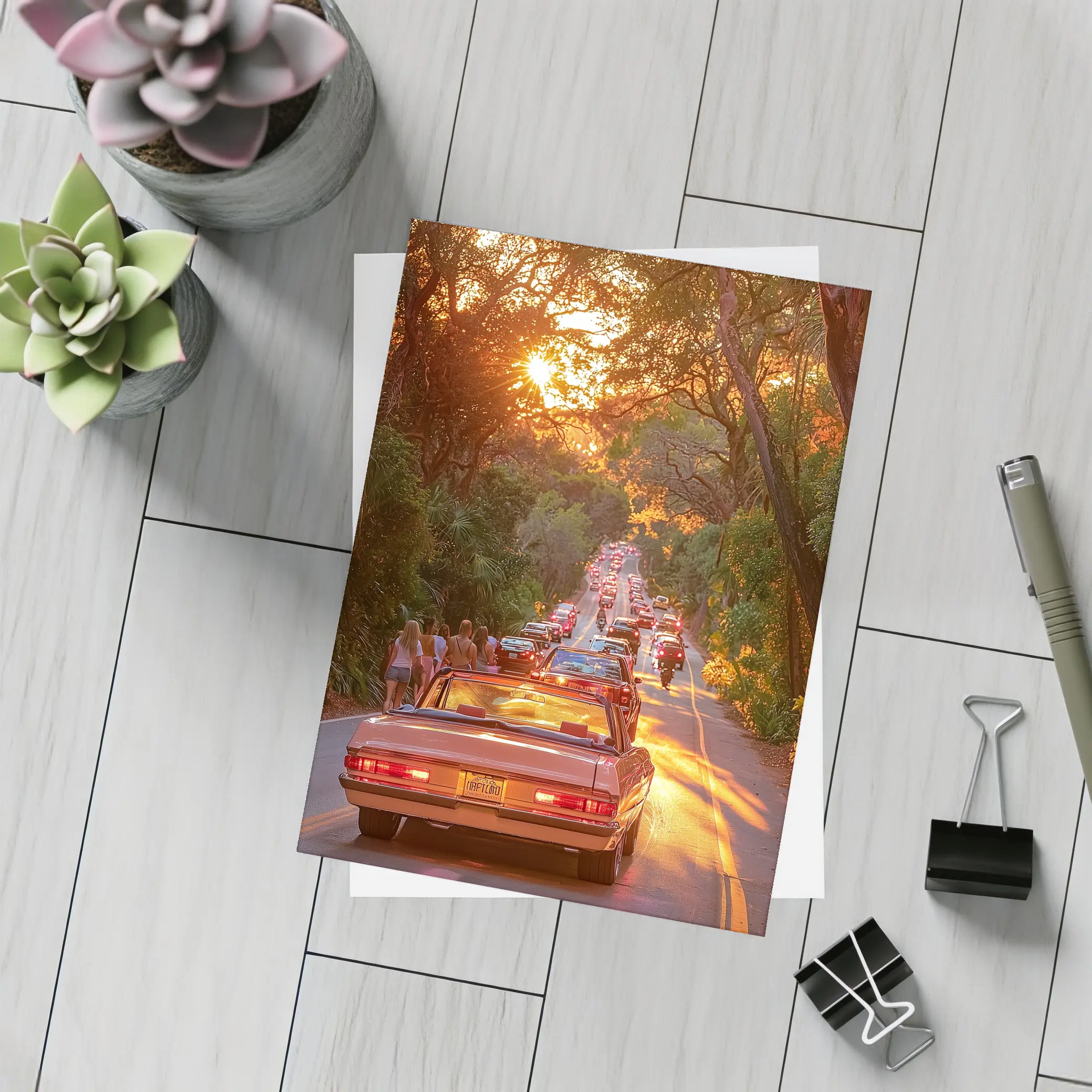 Retro Convertible Car Sunset Tree Road – Postcards
