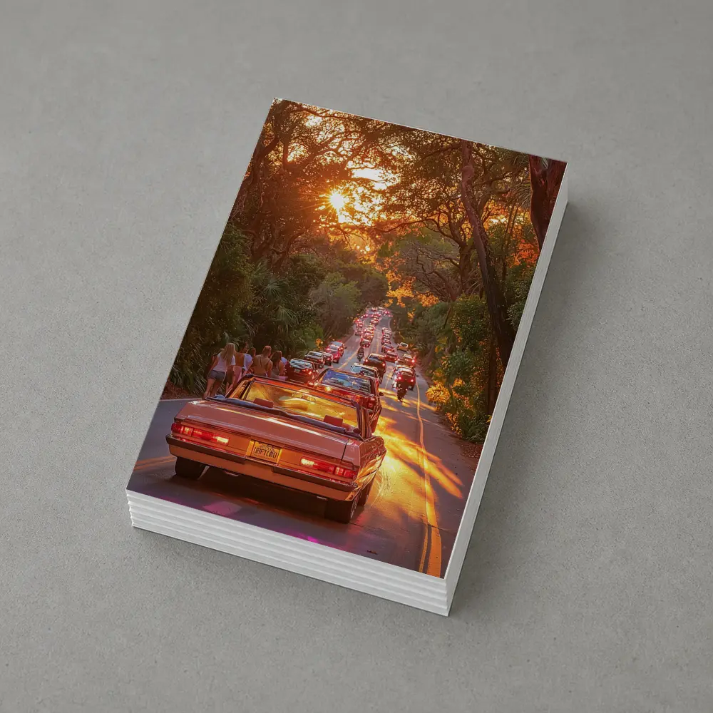 Retro Convertible Car Sunset Tree Road – Postcards