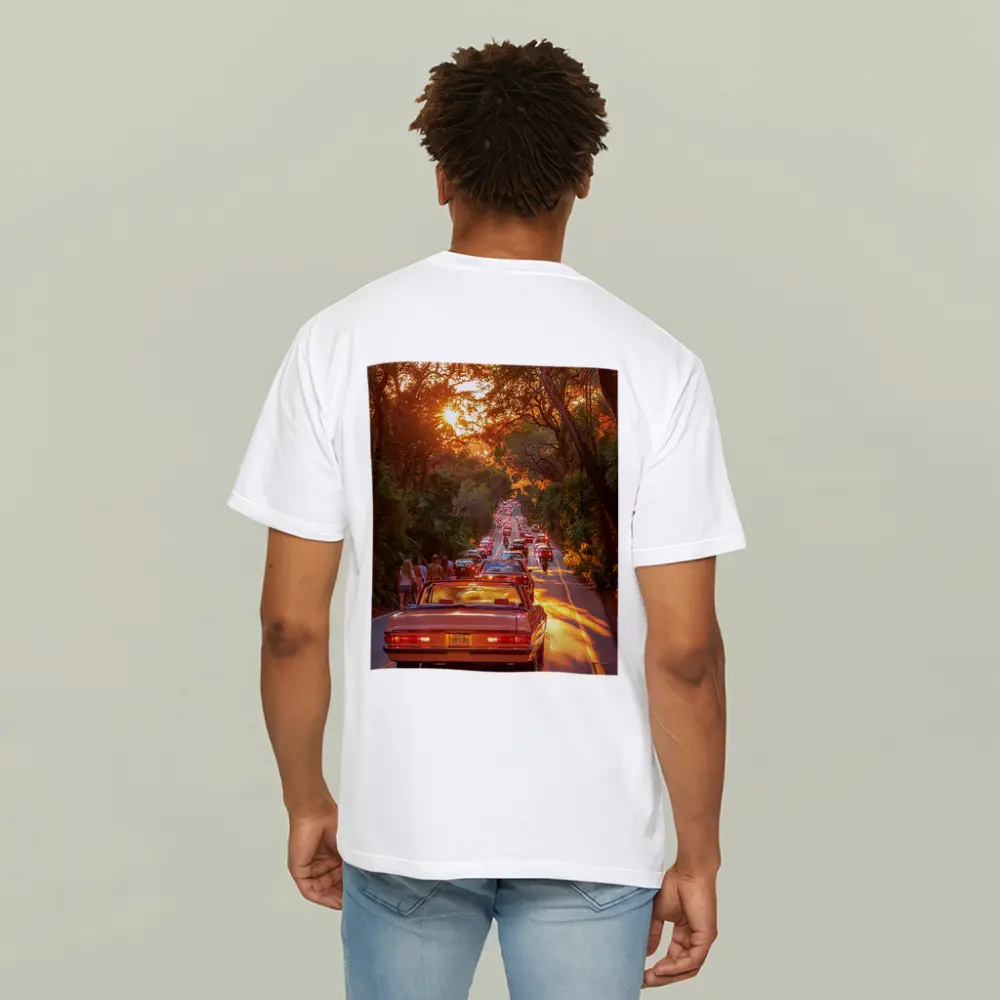 Retro Convertible Car Sunset Tree Road – T-Shirts