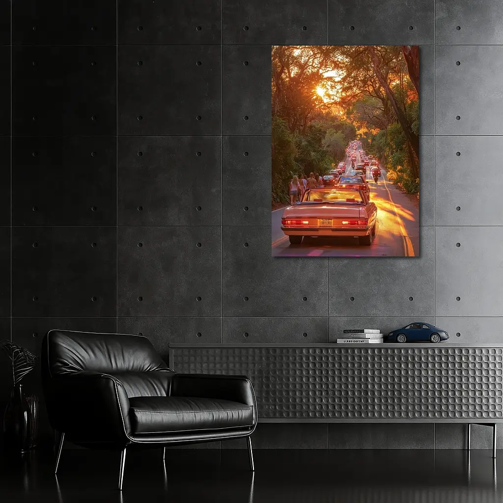 Retro Convertible Car Sunset Tree Road – Wall Art