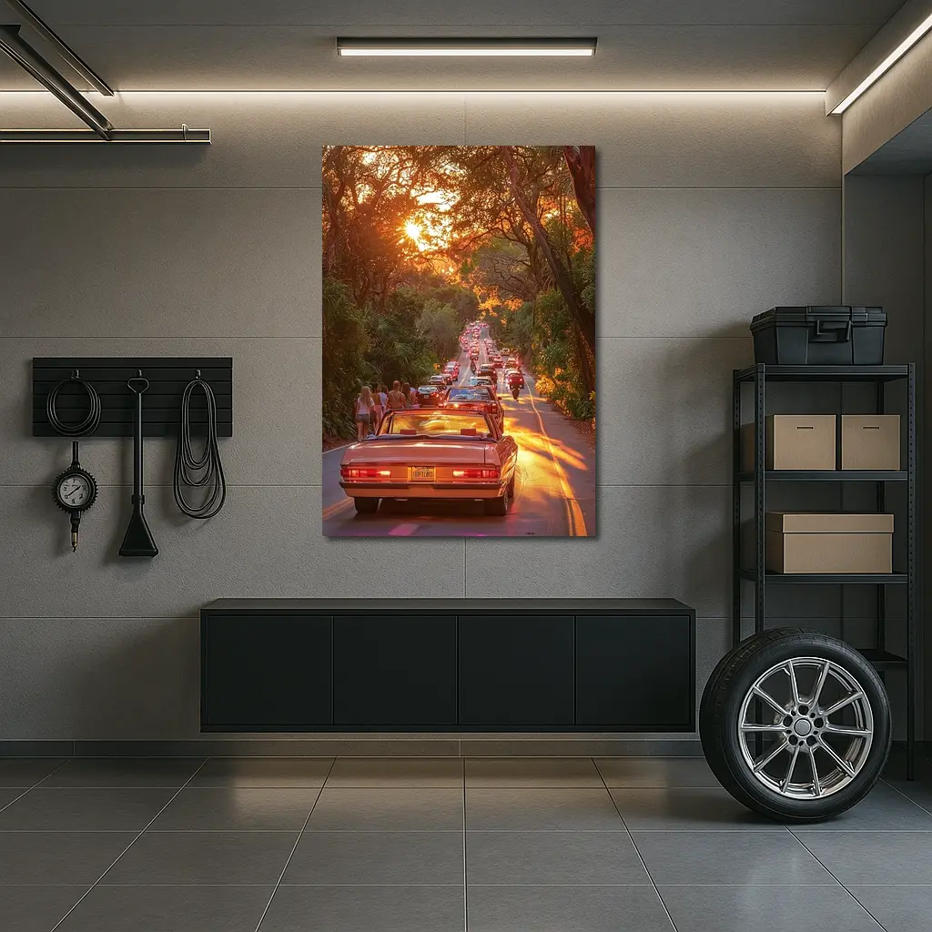Retro Convertible Car Sunset Tree Road – Wall Art