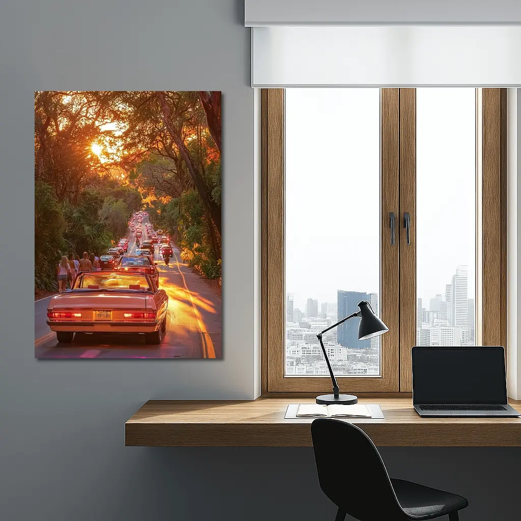 Retro Convertible Car Sunset Tree Road – Wall Art