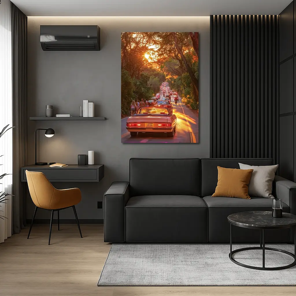 Retro Convertible Car Sunset Tree Road – Wall Art