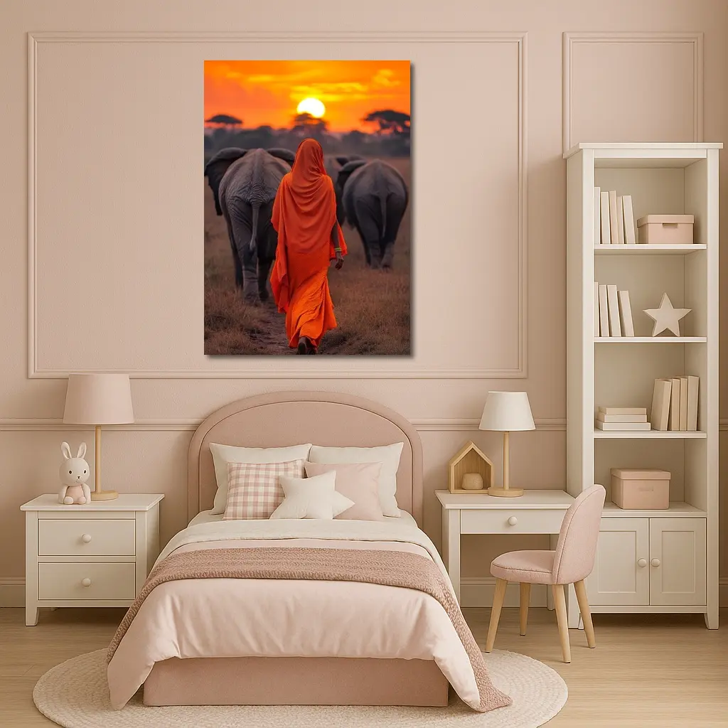 Woman in Orange Sari Walking with Elephants – Wall Art
