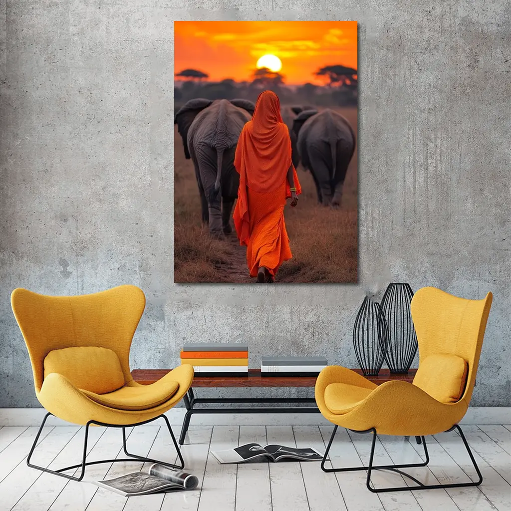 Woman in Orange Sari Walking with Elephants – Wall Art
