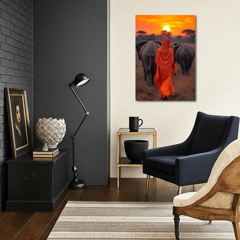 Woman in Orange Sari Walking with Elephants – Wall Art
