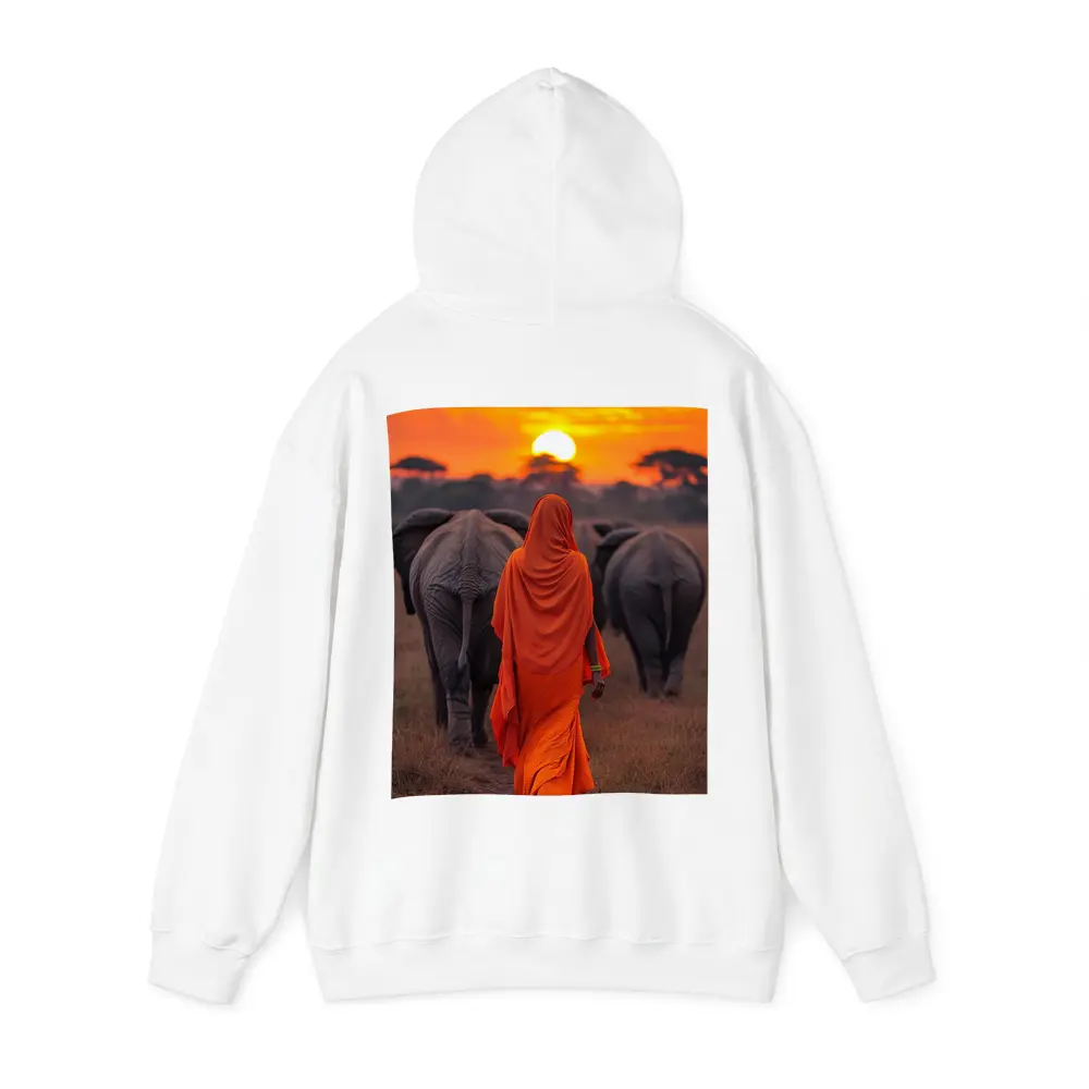 Woman in Orange Sari Walking with Elephants – Hoodies