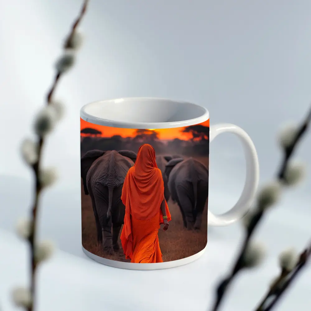 Woman in Orange Sari Walking with Elephants – Mugs
