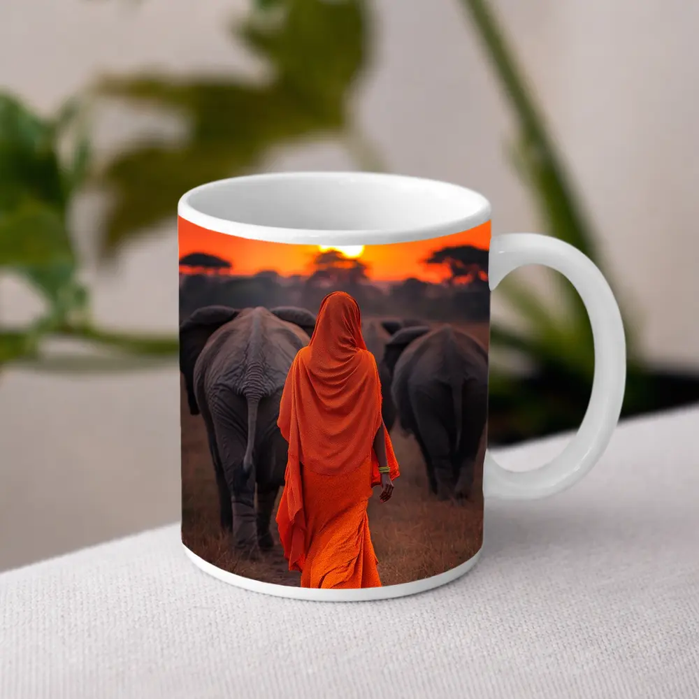 Woman in Orange Sari Walking with Elephants – Mugs