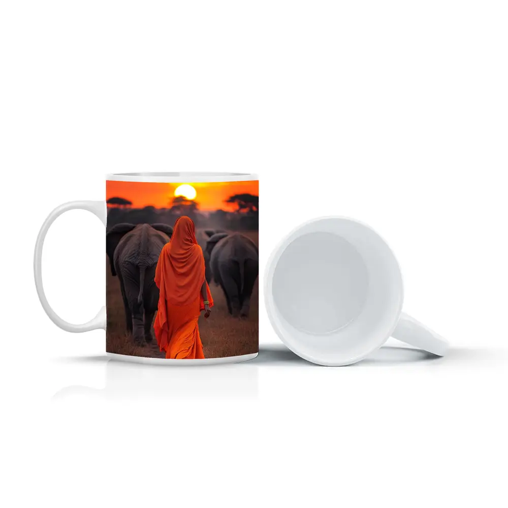 Woman in Orange Sari Walking with Elephants – Mugs
