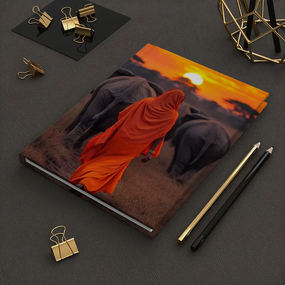 Woman in Orange Sari Walking with Elephants – Notebooks