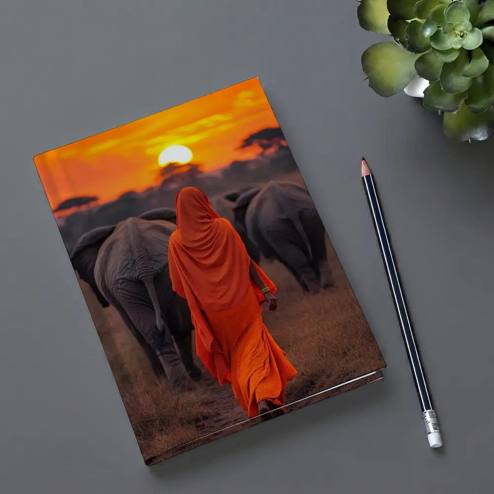 Woman in Orange Sari Walking with Elephants – Notebooks