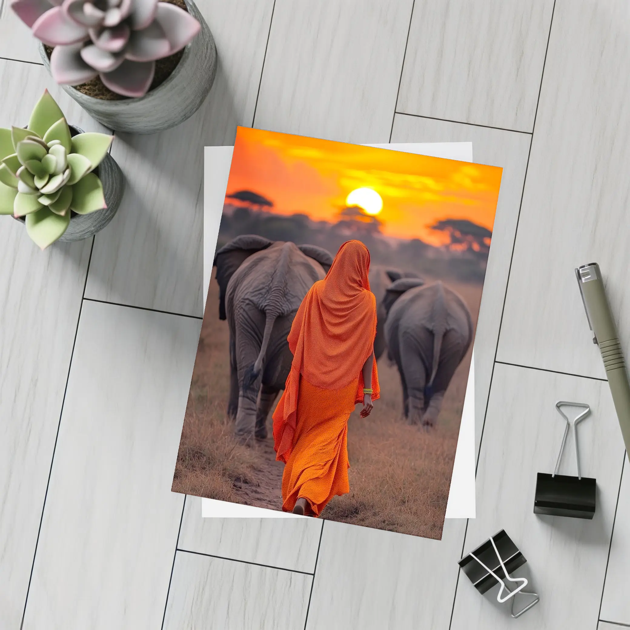 Woman in Orange Sari Walking with Elephants – Postcards