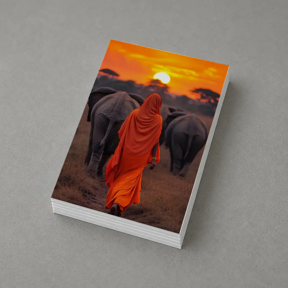 Woman in Orange Sari Walking with Elephants – Postcards